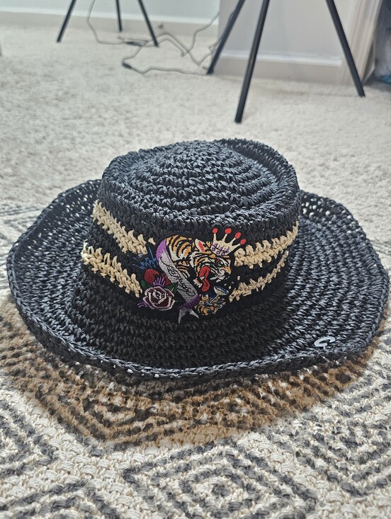 Ed Hardy Accessories - Ed Hardy NWT Black Paper Straw Sun Hat Tiger Embroidered Wide Brim Summer Beach
